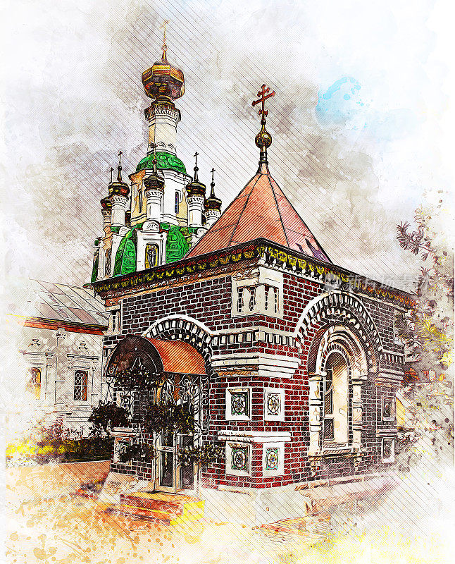 水彩画风格-钟楼和斯帕斯卡亚教堂在Vvedensky Tolga修道院。伏尔加河左岸雅罗斯拉夫尔的东正教女子修道院。金戒指,俄罗斯